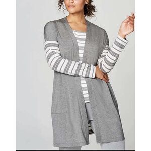 Pure Jill 4X Gray White Stripe Lightweight Open Front Cardigan Sweater Stretch